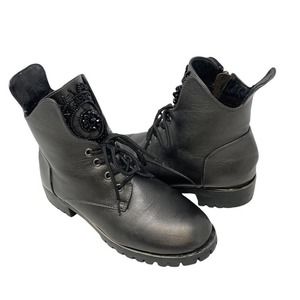 Baldi London Leather Bead Embroidered Lace-Up Side Zip Ankle Boots - Size 6.5